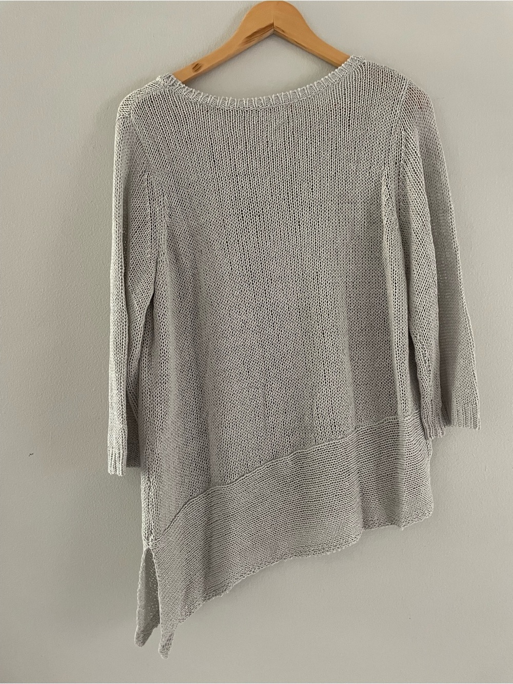Chicos Light Gray & Metalic Open Knit Asymmetrical Knit Sweater - Picture 2 of 5